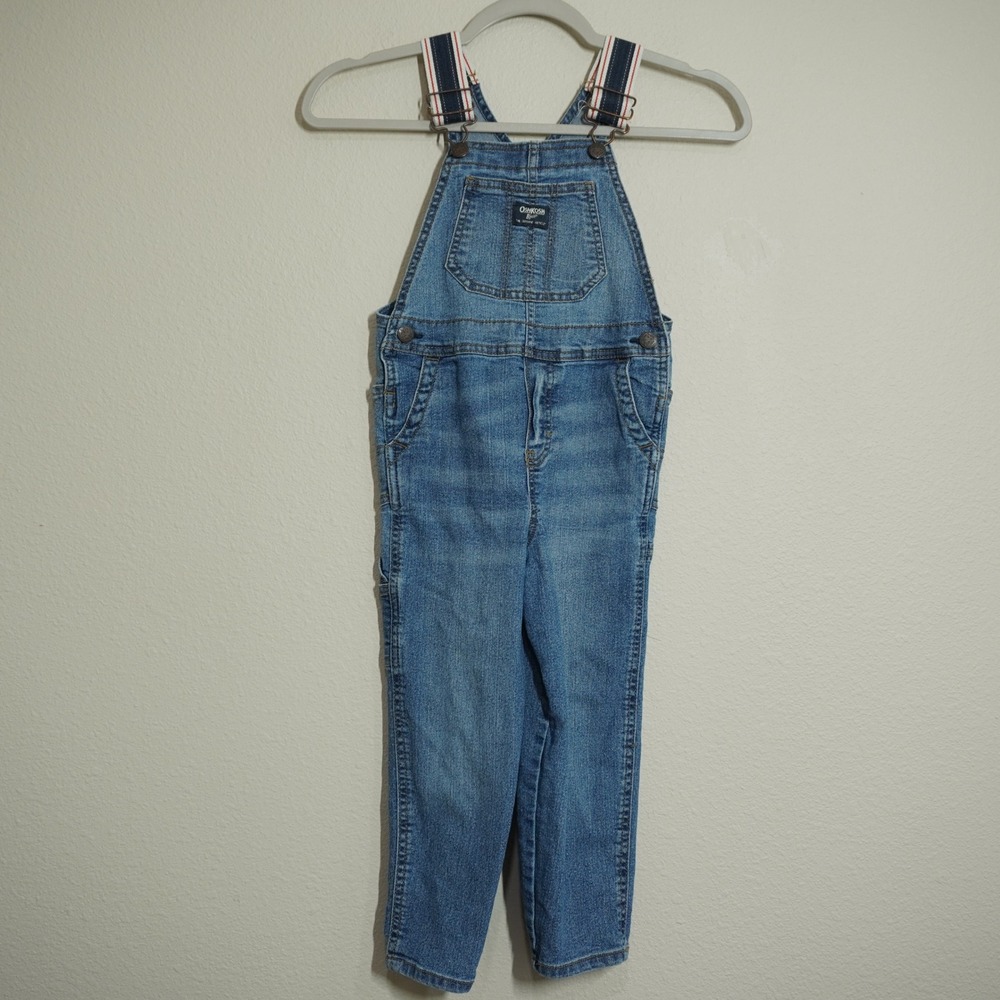 OshKosh Toddler 5T Blue Denim Bib Overalls Striped Straps Carpenter Pockets